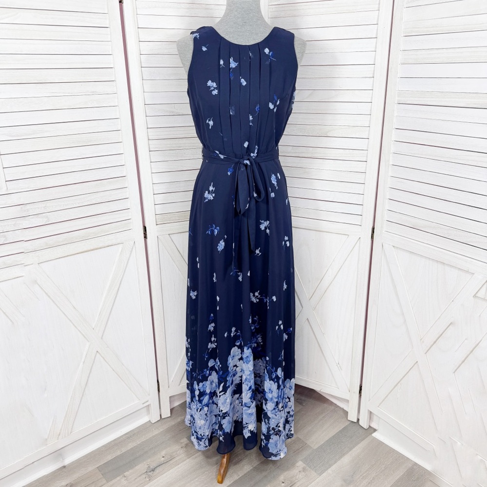 R&K Floral Pleated Sleeveless Maxi Dress Blue Size 6 Chiffon Belted Long